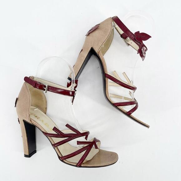 Prada Vintage S/S 1997 Beige Burgundy Leaf Detail Block Heel Sandal size IT 36.5 - Picture 4 of 13